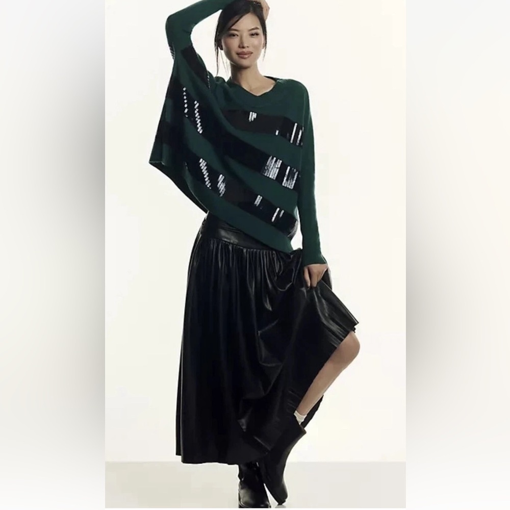 Anthropologie Maeve Cashmere Sequin Sweater Pullover Ribbed Green Motif